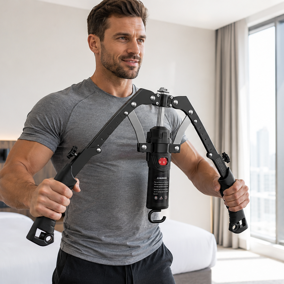 Man using a robotic exoskeleton in a room with a cityscape view