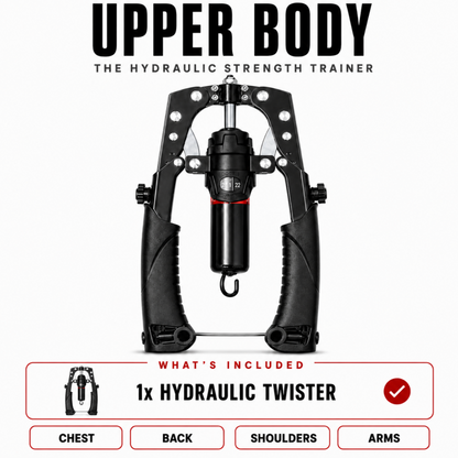 Rigvior Upper Body Hydraulic Strength Trainer, a black chest exercise machine with a central hydraulic weight stack, shown on a white background with product details and included accessories.