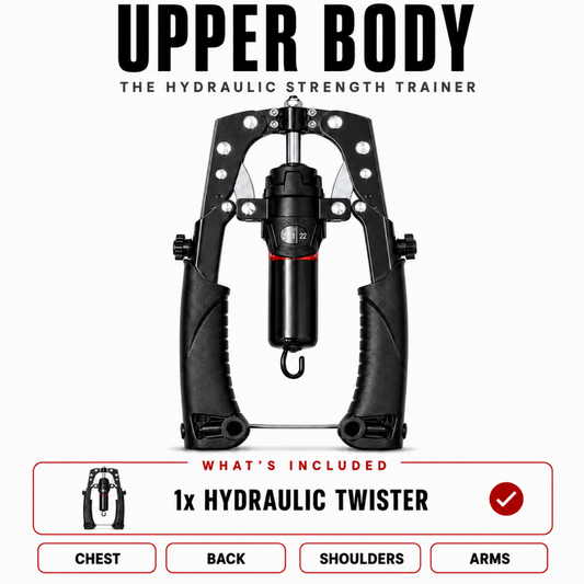 Rigvior Upper Body Hydraulic Strength Trainer, a black chest exercise machine with a central hydraulic weight stack, shown on a white background with product details and included accessories.