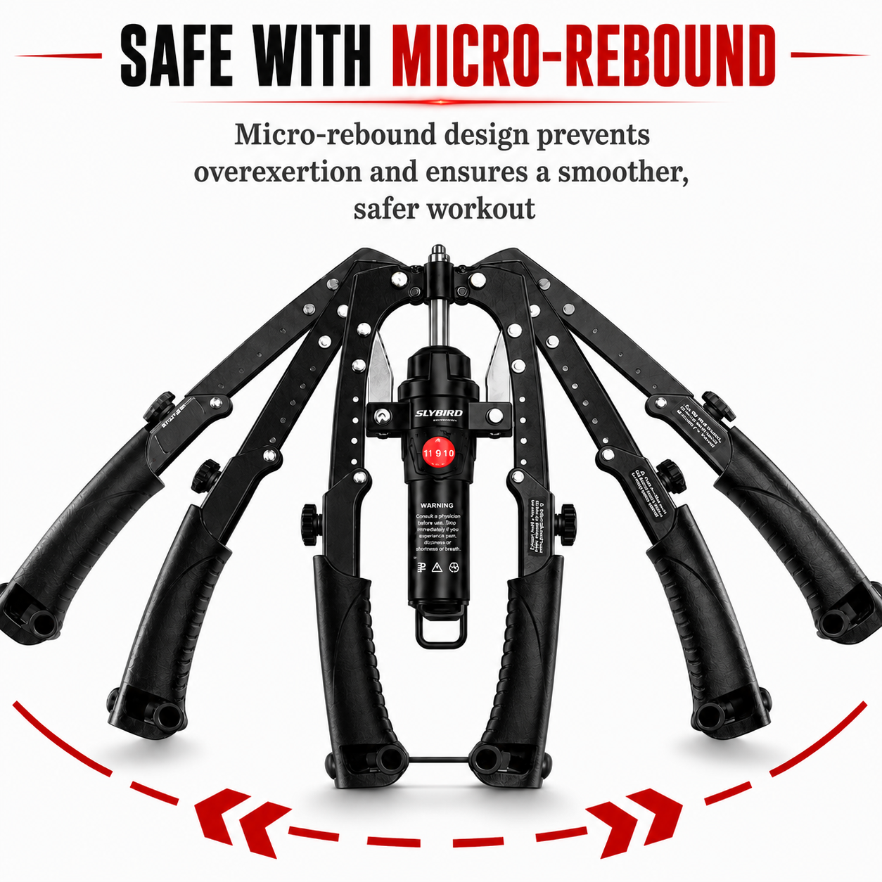 A black micro-rebound exercise machine centered on a white background, with promotional text above reading 'SAFE WITH MICRO-REBOUND' and a red dashed arc with arrow markers below. The product has four curved arms radiating from a central black cylinder with a red button.