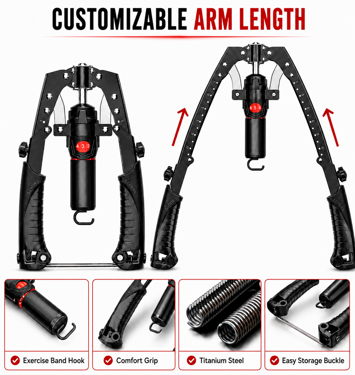 Black adjustable arm exercise band with red accents, shown from the front and side on a white background, with text reading 'CUSTOMIZABLE ARM LENGTH' and four feature callouts at the bottom.