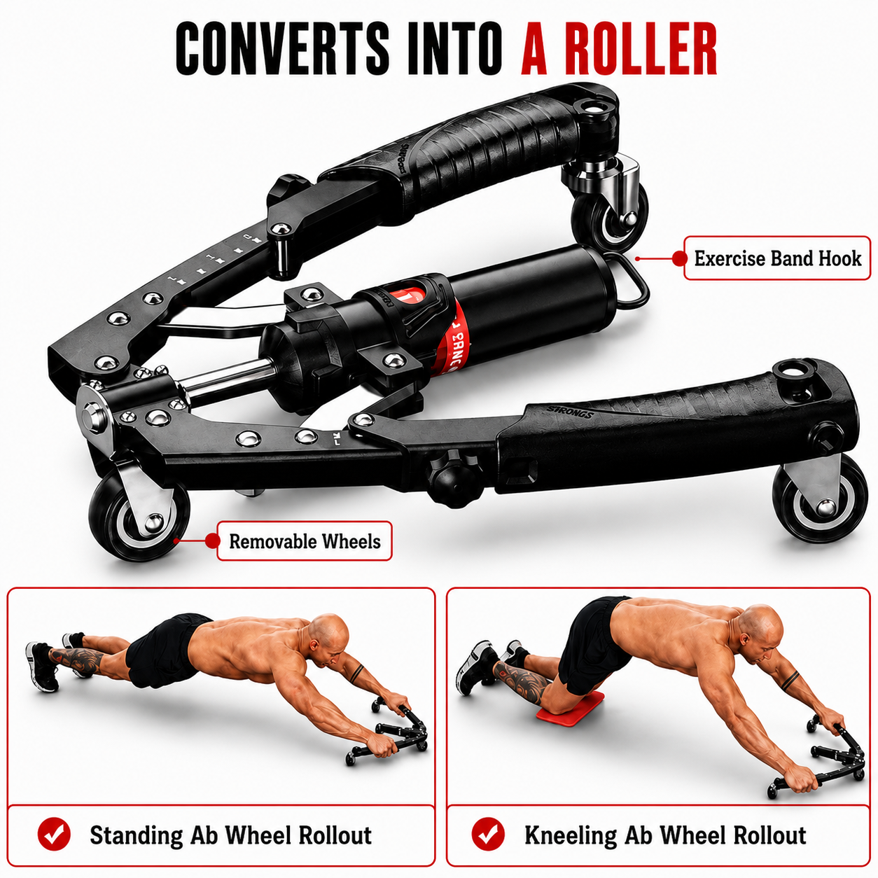 Black adjustable ab wheel roller with removable wheels and an exercise band hook, shown on a white background with text and two demonstration photos at the bottom showing standing and kneeling ab workout positions.