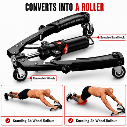 Black adjustable ab wheel roller with removable wheels and an exercise band hook, shown on a white background with text and two demonstration photos at the bottom showing standing and kneeling ab workout positions.